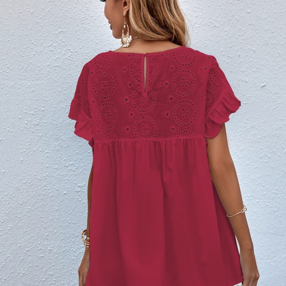 Boho Floral Embroidered Ruffle Oversized Top red - Picture 3 of 4